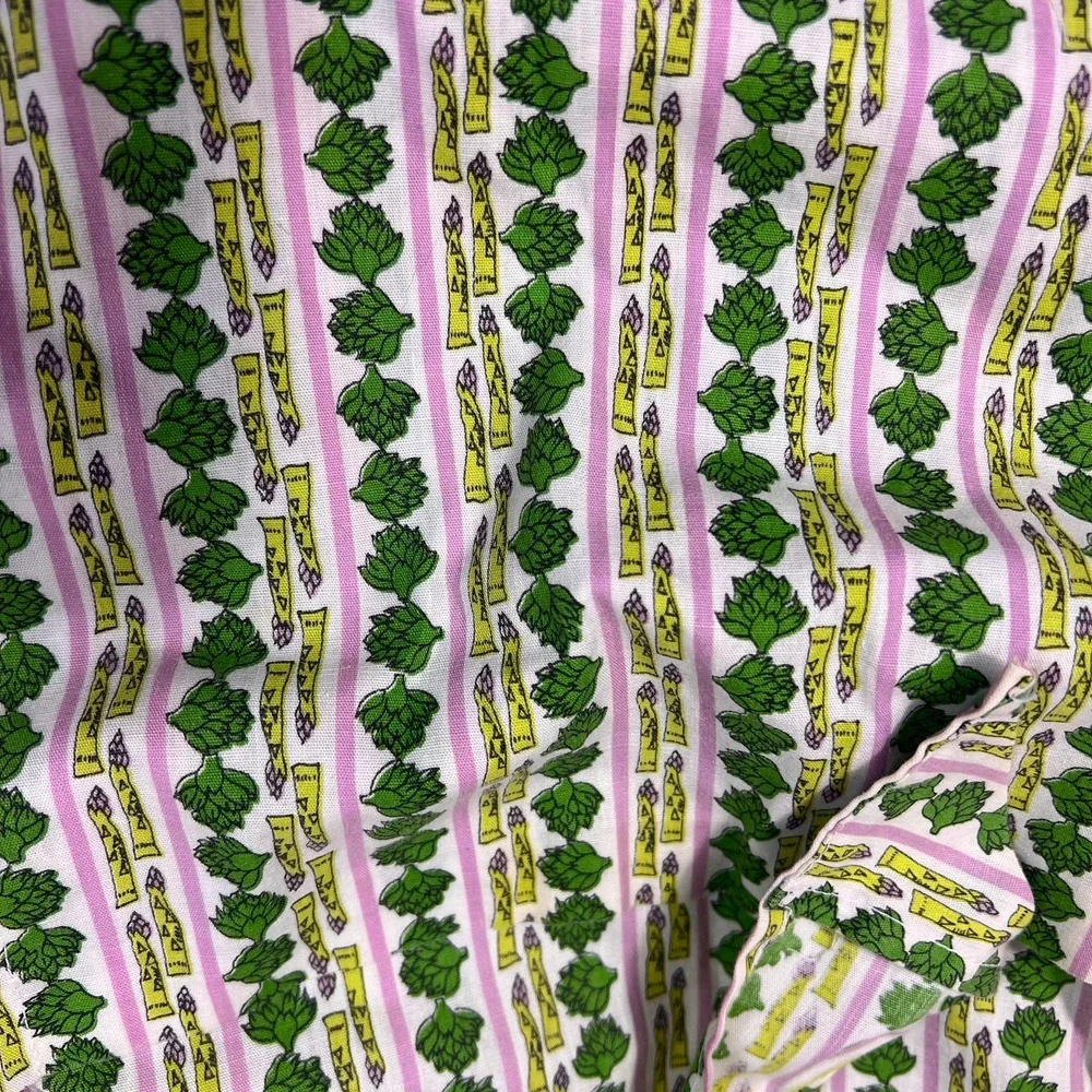 Vintage Grandma Apron Green veggie Print Pink Stripe Full Front Apron w/ Pockets